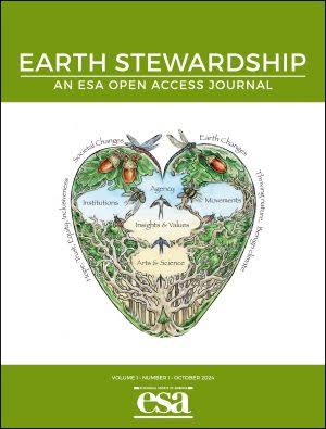 Cover of Earth Stewardship, an ESA open access journal, showing a heart-shaped tree illustration labelled with institutions, movements, insights and values, and arts and science